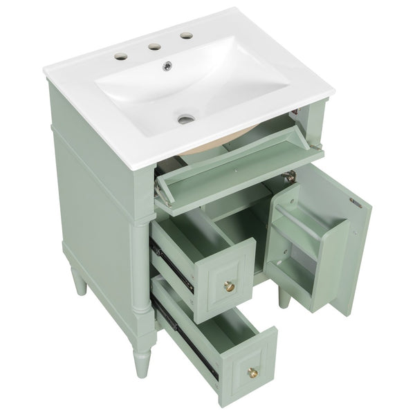 English Elm 24 Inch Freestanding Vanity with Ceramic Sink Rubberwood Frame Matte Finish Storage Green N725P356058F