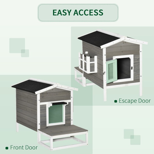 English Elm Pawhut Solid Wood Outdoor Cat House Two Story Shelter with Balcony Asphalt Roof W2225P173762