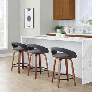 English Elm Fixed-height Swivel Counter Stools Walnut Bentwood Grey Faux Leather Set of 2 B202S01751