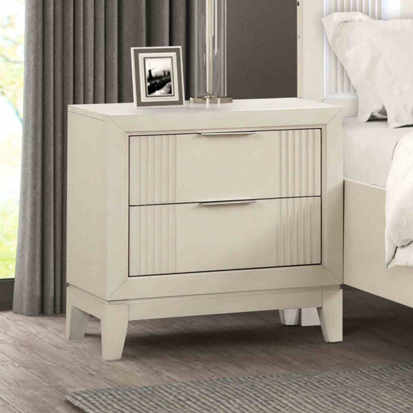 English Elm Transitional Fluted Nightstand Antique White Birch Wood Dovetail Drawers Chrome Pulls B2741P435885