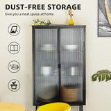 English Elm Retro Style Fluted Glass High Cabinet Storage Dual Doors Three Detachable Wide Shelves Enclosed Dust-Free Storage For Living Room Bathroom Dining Room Kitchen Room Entryway,Black (=Old Sku:W68743734)