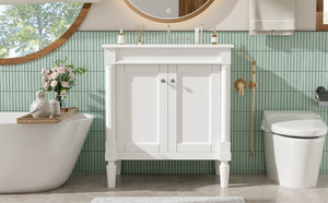 English Elm 30" French Style Bathroom Vanity with Ceramic Basin Soft Close Doors Wood Legs White N710P415327K
