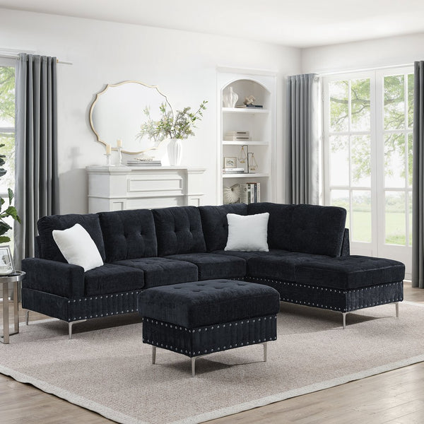 English Elm Sectional L-Shaped Chenille Sofa with Chaise Storage Ottoman, Metal Eucalyptus Frame, 4-Seater Spacious Navy Blue W1413S00118