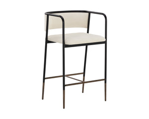 Sunpan Brenan Counter Stool - Elegant Curved Backrest, Unique Faux Leather, Black Metal Frame & Brass Caps Zenith Alabaster