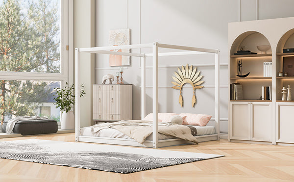 English Elm King Canopy Platform Bed with Support Legs, Sturdy Pine & MDF Slat Base for Cool, Fresh Mattress White WF309290AAK