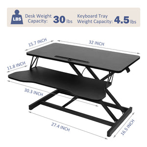 English Elm 32 32 Inch Desk Converter Height Adjustable Sit-Stand Riser Dual Monitor Laptop Workstation, 30lb Capacity, Wide Tray, Black W2641P192319