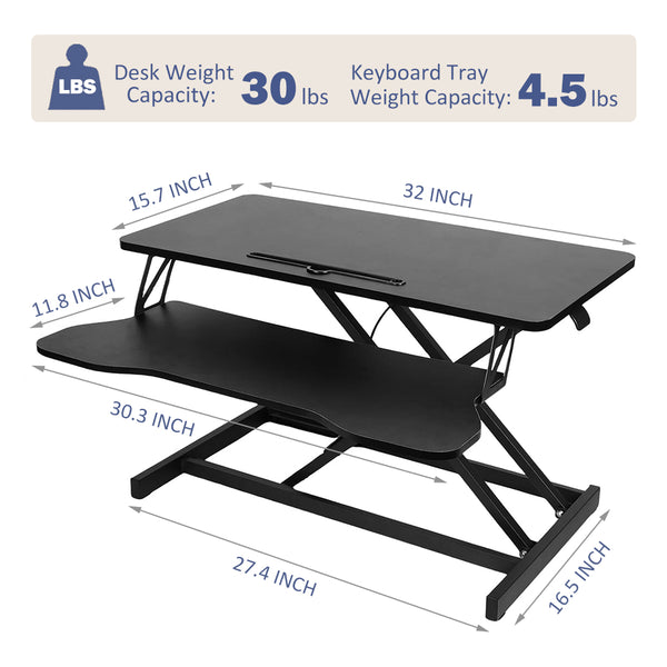 English Elm 32 32 Inch Desk Converter Height Adjustable Sit-Stand Riser Dual Monitor Laptop Workstation, 30lb Capacity, Wide Tray, Black W2641P192319