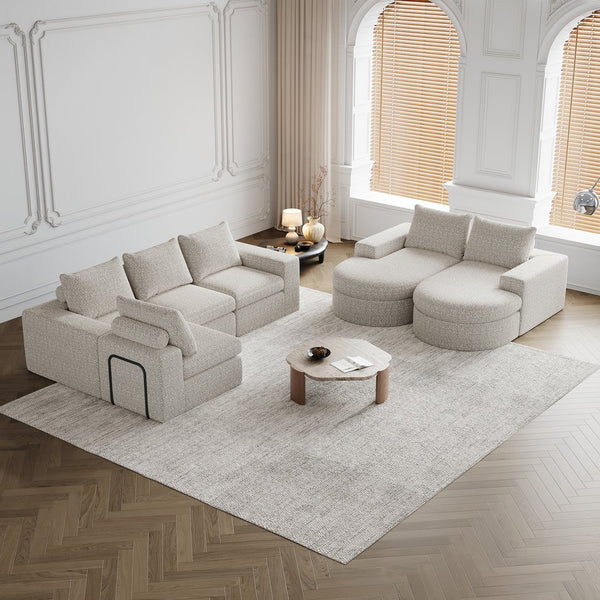 English Elm Chenille Curved Sectional Sofa with Chaise and Neck Pillows, Slow-Rebound Comfort, Sturdy Iron Support Beige W834S00482