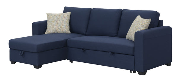 English Elm Navy Fabric Sleeper Sectional with Lift Top Storage Chaise for Compact Living Rooms B361S00027