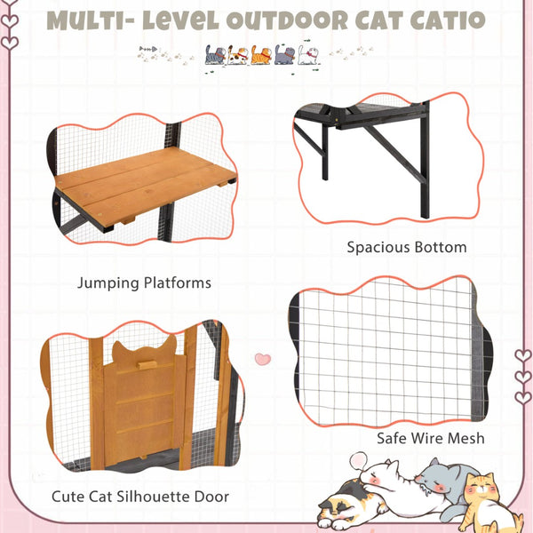English Elm Outdoor Fir Wood Window Catio Enclosure with Four Climbing Platforms for Cats Black,Brown N719P418371D