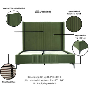 English Elm Promenade Upholstered Velvet Queen Bed - Luxurious Moss Green Design With Modern Comfort & Style B365S00050-GIGA