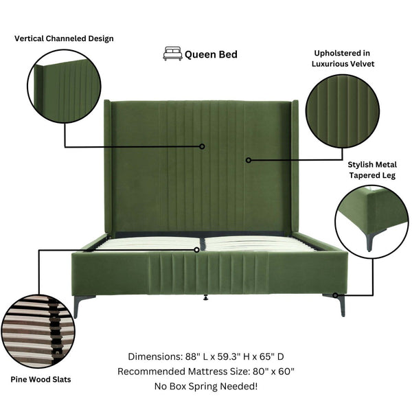 English Elm Promenade Upholstered Velvet Queen Bed - Luxurious Moss Green Design With Modern Comfort & Style B365S00050-GIGA