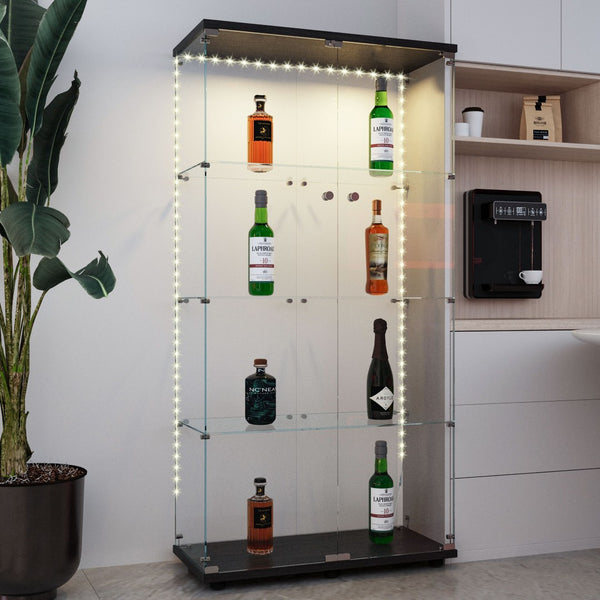 English Elm Tempered Glass Display Cabinet With Bluetooth Led Light Strip, Lockable, Mobile & Stylish For Any Room W3155S00005-GIGA