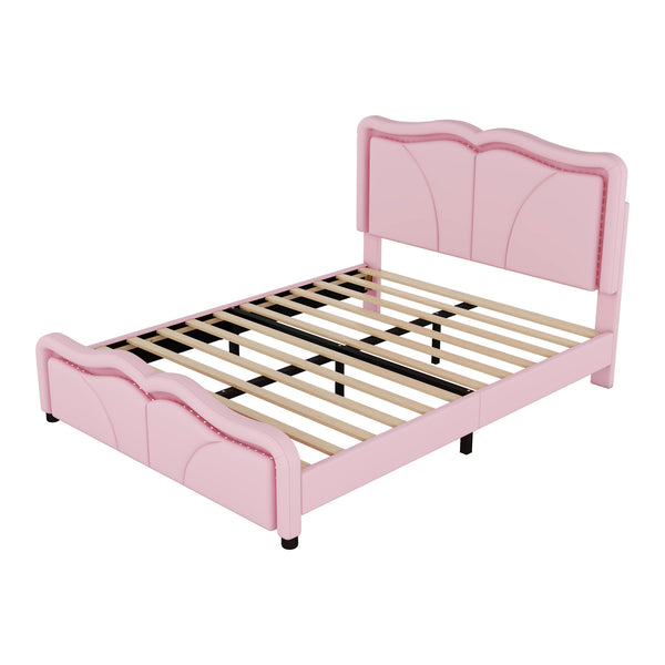 English Elm Full Full Size Upholstered Platform Bed in Pink with Curved Headboard, 3-Height Adjust, LED Strips, Sturdy Frame WF323749AAH