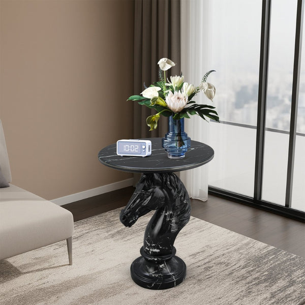 English Elm Horse Head Sculpted Resin End Table with Faux Marble Top for Bold Living Rooms Black W5398P454679