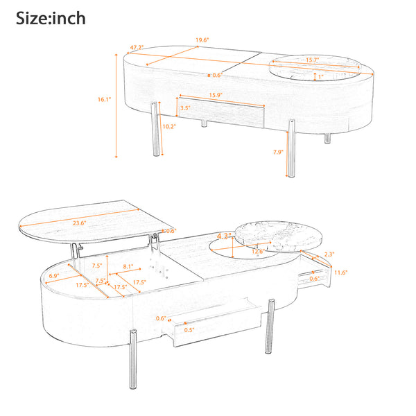 English Elm VIBE 47.2" Oval Lift-Top Coffee Table with Hydraulic Lift, Hidden Storage, Rotating Tray, Modern Design Brown N724P228920D