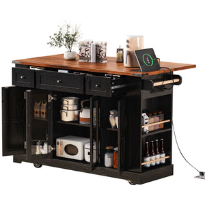English Elm K&K 53" Farmhouse Kitchen Island with Drop Leaf, Tempered Glass Doors, Power Outlet, Rolling Cart Black N707P263637B