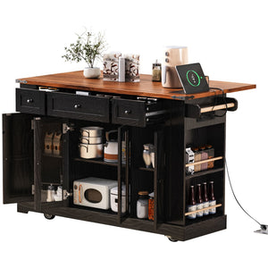 English Elm K&k Farmhouse Rolling Kitchen Island with Drop Leaf Tempered Glass Drawers and Power Outlet Black N707S263637B