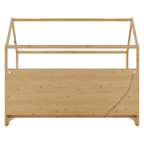 English Elm Twin House Bed with LED Light and Built-In Bookshelf, Solid Wood Playhouse Design for Kids Safety Natural 78.15 L x 15.75 W x 6.1 H W2593P269092