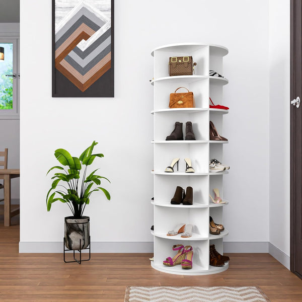 English Elm 7 Tier Rotating Shoe Rack Tower 360° Spinning Organizer Holds 28 Pairs, Space-Saving White Carousel W2641P242582