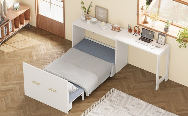 English Elm Twin Size Murphy Chest Bed With Foldable Cushion & Adjustable Desk - Space-Saving White Dresser Unit N733P272603W-GIGA