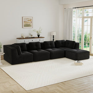 English Elm Modern Corduroy Sectional Sofa with Movable Ottoman Deep Seat Tufted Living Room Couch Black W714S01793