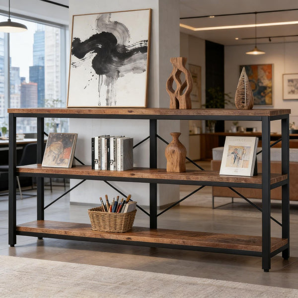 English Elm Hall Console Table Industrial Rustic Two Tier Wood Tone Metal Frame Entryway Sofa T3971P453148
