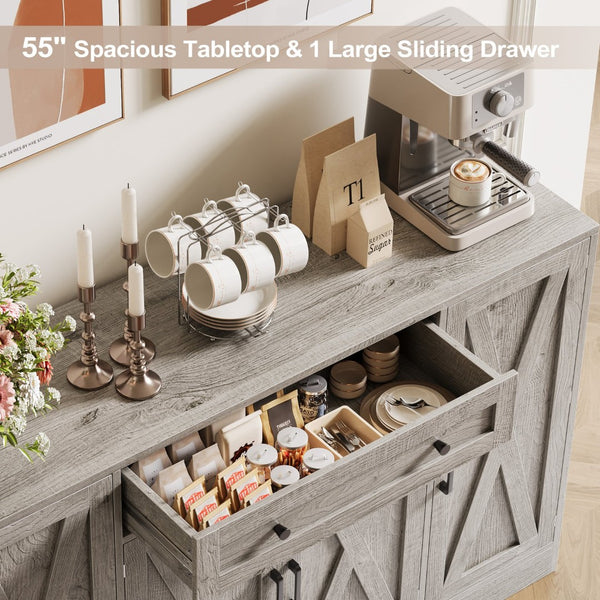 English Elm Buffet Sideboard 55 Inch Farmhouse Credenza with Barn Doors Drawer and Open Shelving Gray T5618P451111