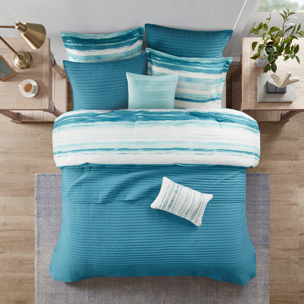 English Elm 8 Piece Printed Seersucker Comforter & Quilt Set - Aqua King/Cal King, Coastal Style & Versatile Comfort B03597257