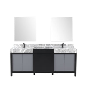 English Elm Black Double Bath Vanity 80" W With Castle Grey Marble Top, Gun Metal Faucets & Matching Mirrors B2731S01160