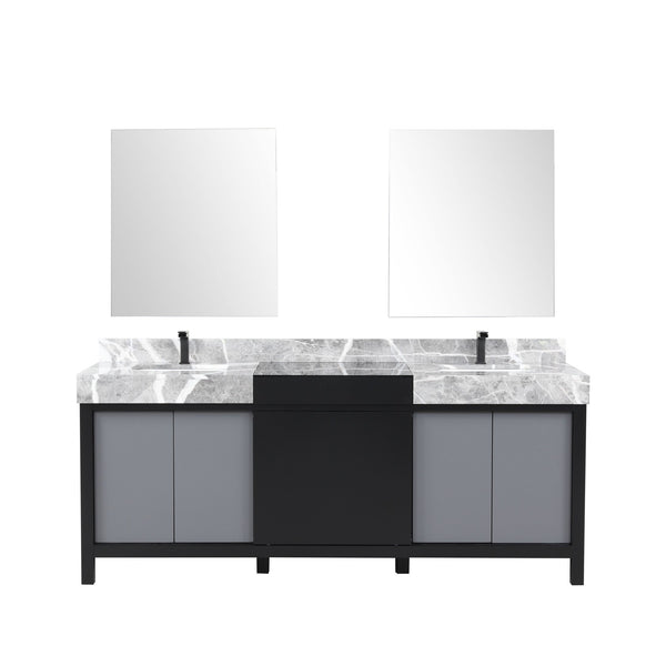 English Elm Black Double Bath Vanity 80" W With Castle Grey Marble Top, Gun Metal Faucets & Matching Mirrors B2731S01160