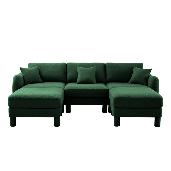 English Elm Boucle U-Shape Sectional Sofa With Shell Armrests & 2 Movable Ottomans For Modern Spaces, Green W3041S00310