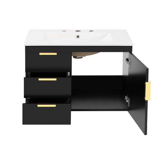 English Elm 30" Bathroom Vanity with Sink — Wall-Mounted Ceramic Basin, Soft-Close Storage, Floating Modern Design Black N710S324096B