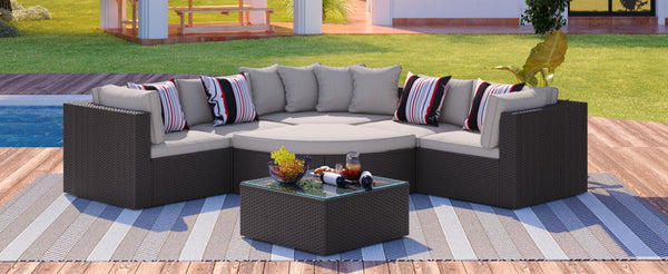 English Elm Go 7 Piece Outdoor Pe Wicker Sectional Set with Steel Frame and Striped Accent Pillows Brown FG201212AAA