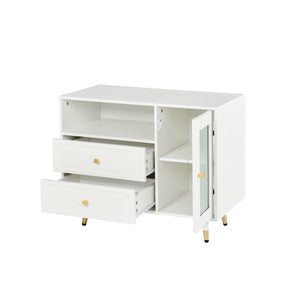 English Elm Modern Makeup Vanity Desk with LED 3-Color Mirror, Built-In Power Station, Sliding Cabinet, Stool White N844P288432A