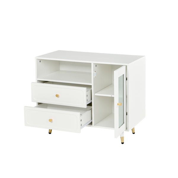 English Elm Modern Makeup Vanity Desk with LED 3-Color Mirror, Built-In Power Station, Sliding Cabinet, Stool White N844P288432A