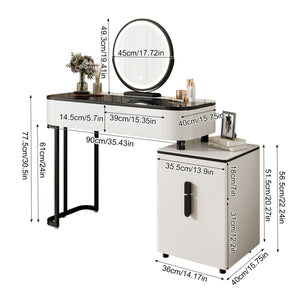 English Elm Modern Glass Top Vanity Table with Adjustable Legs Storage Cabinet and Round Mirror W3767P442396