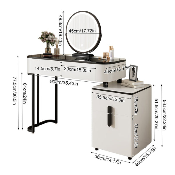 English Elm Modern Glass Top Vanity Table with Adjustable Legs Storage Cabinet and Round Mirror W3767P442396