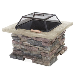 English Elm Christopher Knight Home® - 28" MGO Wood Burning Outdoor Fire Pit with Lid — Stone Gray MGO Base, Iron Bowl, Mesh Cover & Poker Tool 53657.00