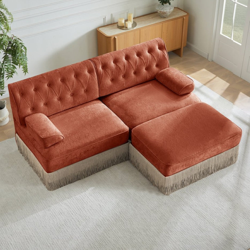 English Elm L-shaped Velvet Sectional Sofa Tufted Chesterfield Style with Tassel Skirt for Living Room Red+Brown W714S01720