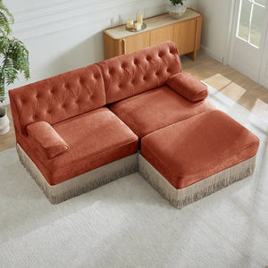 English Elm L-shaped Velvet Sectional Sofa Tufted Chesterfield Style with Tassel Skirt for Living Room Red+Brown W714S01720