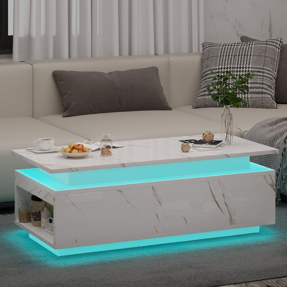 English Elm Coffee Table with Led Lighting Bluetooth Speaker Wireless Charging and Faux Marble Top White T3773P415726
