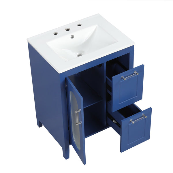 English Elm 24" Modern Bathroom Vanity with Ceramic Sink, Solid Wood & MDF Cabinet, Two Drawers, Shelf Blue N725P245273C