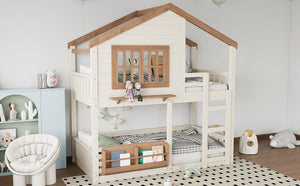 English Elm Full Bunk Bed with Trundle Bookshelf Storage Pine Frame Car Design for Kids W1580S00324