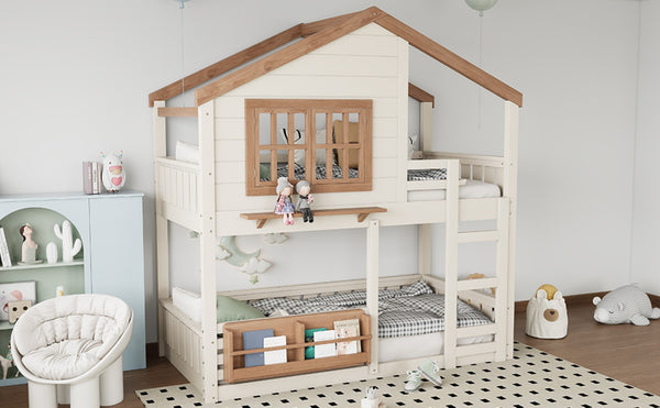 English Elm Full Bunk Bed with Trundle Bookshelf Storage Pine Frame Car Design for Kids W1580S00324