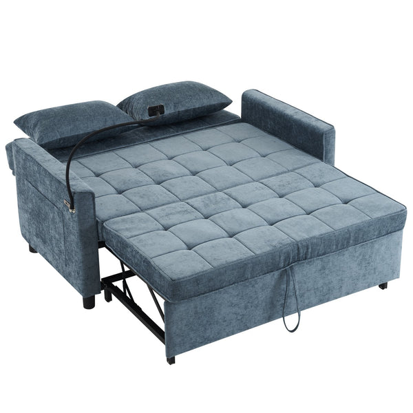 English Elm 56.9" Loveseat Sofa Bed with Chenille Upholstery, USB Ports, Phone Holder, Side Pockets, Reclining Backrest Blue N719P208853R