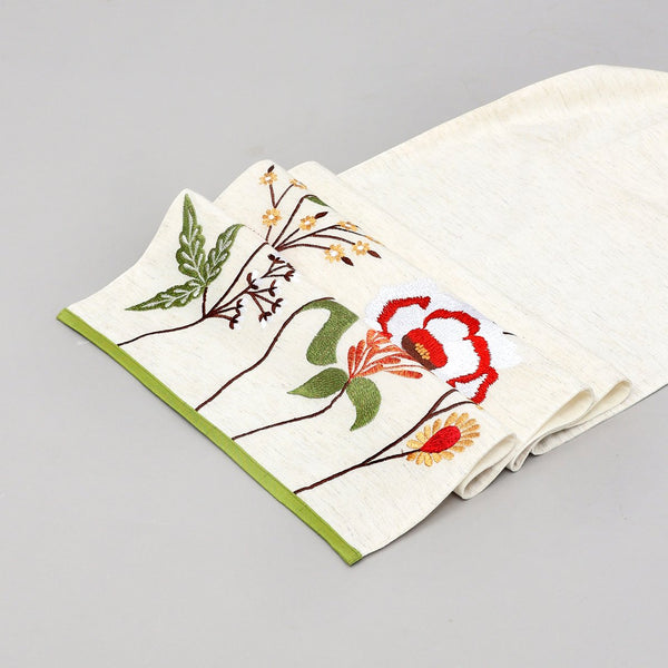 English Elm Peony Cotton Embroidered Table Runner 72" Ivory – Rustic Slub Texture, Eco-Friendly Elegant Décor B346P321269