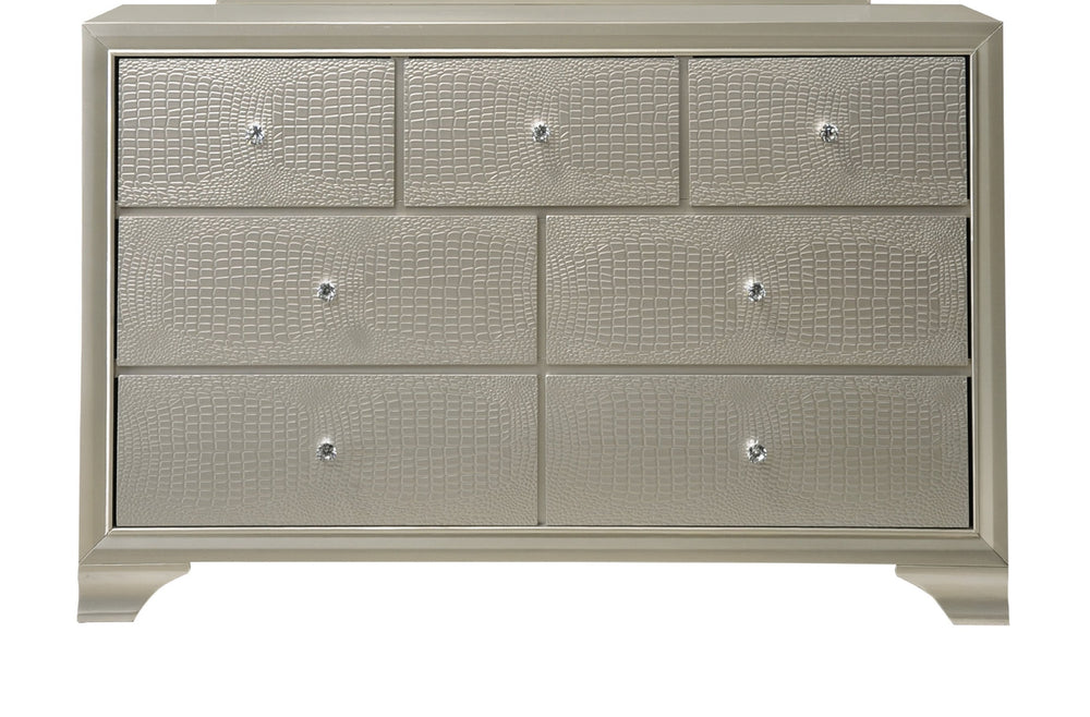 English Elm 1pc Glam Seven-Drawer Dresser with Embossed Crocodile Finish, Felt-Lined Top Drawers & Dovetail Craftsmanship Champagne 62.4 L x 20.4 W x 41.3 H B011P217892