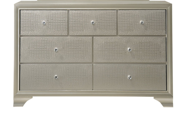 English Elm 1pc Glam Seven-Drawer Dresser with Embossed Crocodile Finish, Felt-Lined Top Drawers & Dovetail Craftsmanship Champagne 62.4 L x 20.4 W x 41.3 H B011P217892