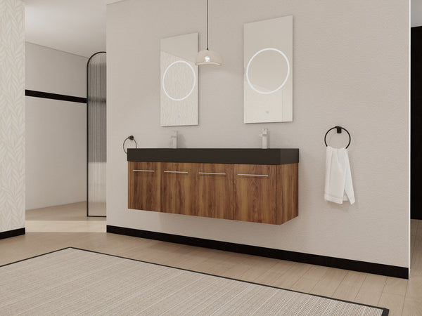 English Elm 60 Inch Wall-Mounted Bathroom Vanity With Double Black Resin Sink For Modern Elegance & Functionality W999S00251